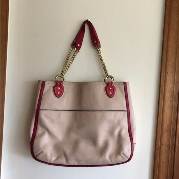 COACH Pink Cream/ Light Taupe Leather Color Block Chain Strap Tote Purse - Picture 5 of 14